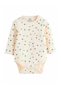 Långärmad babybody i mjuk beige med runda gråa prickar, med tryckknappar på axeln och i botten för enkel påklädning.