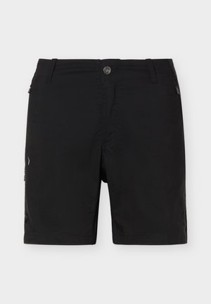 Kniebroek voor zwarte mannen met knoop aan de voorkant, ritssluiting, lussen voor een riem en met rits afsluitbare zijzakken, weergegeven op een witte achtergrond.