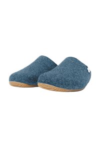 Blaue Filzschlappen mit weicher Textur, runder Form und Gummisohle. Sie verfügen über ein kleines Logo-Highlight an der Seite. Gemütliches Schuhwerk für drinnen.