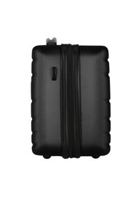 Valise rigide noire avec surface texturée, double zip et poignée supérieure. Forme rectangulaire compacte avec coins arrondis et pieds latéraux.