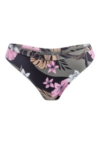 Blomsterbikiniunderdel med svart bas och rosa samt beige blommor. Tillverkad av stretchigt tyg, har den en låg midjeresning och släta sömmar.