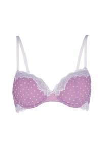 Reggiseno lavanda con pois bianchi, bordature in pizzo bianco su coppe e bordi, e spalline regolabili bianche.