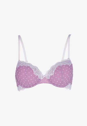 Reggiseno lavanda con pois bianchi, bordature in pizzo bianco su coppe e bordi, e spalline regolabili bianche.