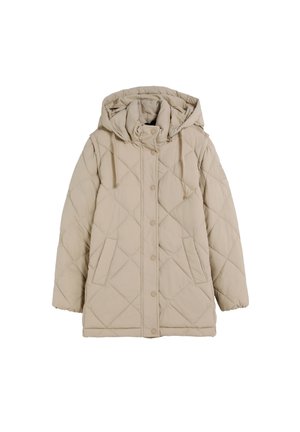 Chaqueta acolchada beige con capucha, cierre de botones a presión, cordones y bolsillos frontales, diseñada para el clima frío.
