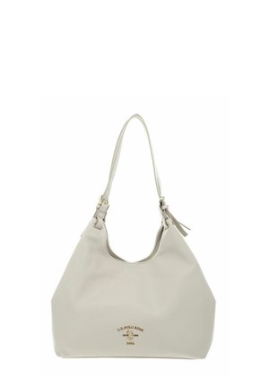 Sac à bandoulière en cuir gris clair avec une sangle unique, des accessoires dorés et le logo U.S. Polo Assn. en lettres dorées au centre avant.