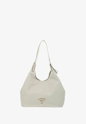 Sac à bandoulière en cuir gris clair avec une sangle unique, des accessoires dorés et le logo U.S. Polo Assn. en lettres dorées au centre avant.