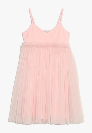 Hellrosa ärmelloses Kleid mit dünnen Trägern, V-förmigem Oberteil und einem gerafften Tüllüberrock.