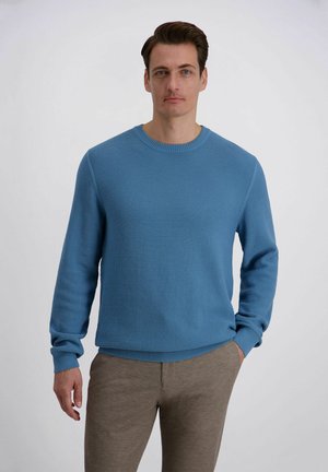 Mann trägt einen blauen, strukturierten Pullover mit rundem Ausschnitt und beige Hosen, steht mit einer Hand in der Tasche vor einem schlichten hellen Hintergrund.