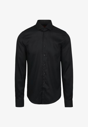Zwarte lange mouwen shirt gemaakt van gladde stof. Kenmerkt zich door een klassieke kraag, volledige knoopsluiting en afgeronde zoom. Mouwen zijn met knopen vastgezet.