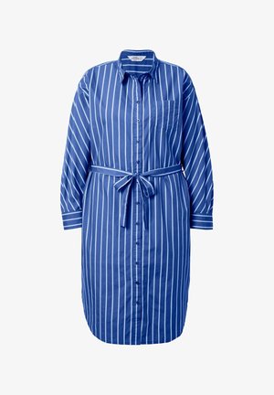 Gestreiftes Hemdkleid in Blau und Weiß, mit Knopfleiste und Kragen, langen Ärmeln und einem Bindegürtel in der Taille. Verfügt über eine Brusttasche.