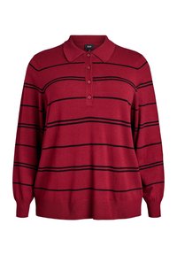Rode polo-shirt met lange mouwen en kraag, voorzien van horizontale zwarte strepen, knoopsluiting en geribde manchetten. Van zachte gebreide stof.