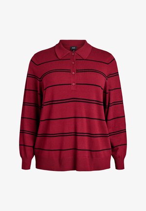 Red long-sleeve polo shirt with a collared neckline, featuring horizontal black stripes, button closure, and ribbed cuffs. Soft knit material.