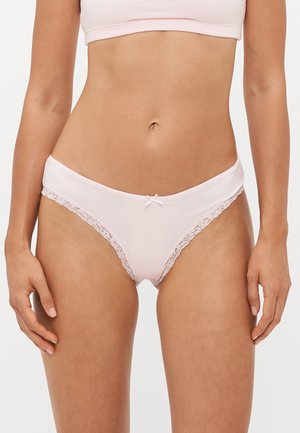 Light pink hipster panties made from soft cotton, featuring lace trim along the waistband and leg openings, with a small center bow detail.