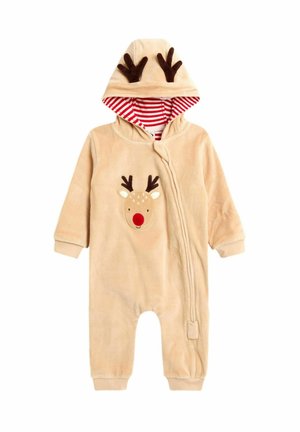 Beiger Fleece-Overall mit Rentierdesign, ausgestattet mit einer Kapuze mit Geweihen, rot-weiß gestreifter Fütterung und einem Reißverschluss.