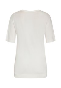 Hvid kortærmet t-shirt lavet af blødt materiale. Har en rund halslinje og en glat, udekoreret overflade.