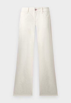 Άσπρο παντελόνι ίσιας γραμμής με πλαϊνές τσέπες, θηλιές για ζώνη και κλείσιμο με κουμπί, διακοσμημένο με ροζ ραφές.