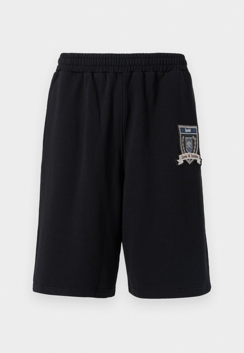 Black cotton shorts with an elastic waistband, side pockets, and a decorative patch featuring "Love & Justice" on the left leg.