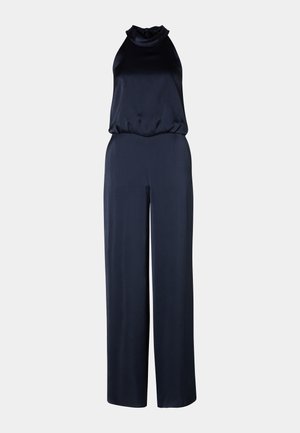 Navy blue jumpsuit with a high neck and sleeveless design. Made of smooth fabric, featuring wide-leg trousers and a relaxed fit.
