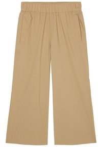 Beiga byxar med vida ben och elastisk midja, med två sidofickor och en mjuk, lätt tyggtextur.