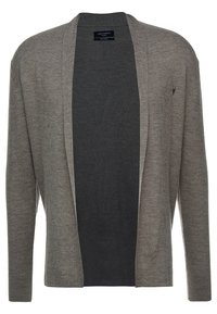 Light gray knitted cardigan with open front, long sleeves, and a subtle texture. Features a small logo on the left side near the chest.