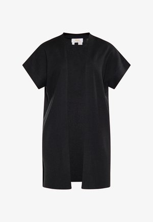 Musta auki oleva neuletakki, joka on valmistettu kevyestä neuloksesta. Varustettu lyhyillä hihoilla ja rennolla istuvuudella, jossa on sivuilla halkioita liikkumisen helpottamiseksi.