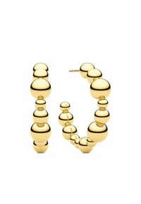 Guldörhängen i form av hoops med sfäriska pärlor i olika storlekar, slät yta som reflekterar ljus, med en enkel stiftstängning.