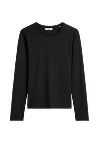 Zwarte langemouw shirt met ronde hals en een rechte zoom, eenvoudig ontwerp en een klein merkje binnenin de halslijn.