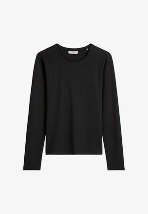 Zwarte langemouw shirt met ronde hals en een rechte zoom, eenvoudig ontwerp en een klein merkje binnenin de halslijn.