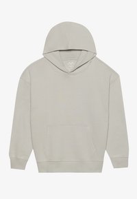 Gaiši pelēks hoodie, izgatavots no mīksta auduma, ar lielu priekšējo kabatu, ribotām piedurknēm un kapuci ar auklu. Nav redzamu rakstu vai grafikas.