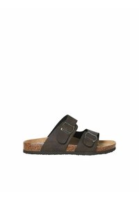 Sandale avec semelle en liège marron, deux brides en cuir marron foncé réglables et boucles métalliques, design plat avec bout ouvert.