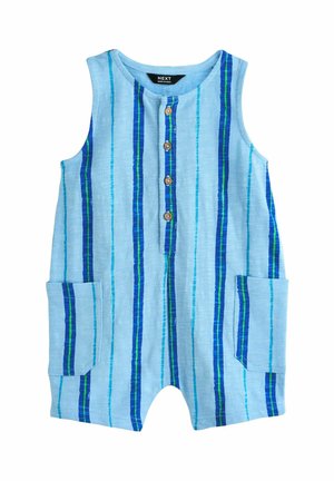 Blauer ärmelloser Overall mit vertikalen Streifen in Dunkelblau und Grün, einer Knopfleiste vorne und zwei seitlichen Taschen. Weicher, strukturierter Stoff.