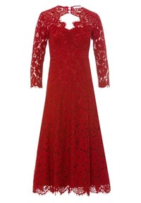 Robe rouge longueur genou avec superposition en dentelle florale, manches longues en dentelle transparente, encolure avec ouverture en forme de goutte et ourlet en dentelle festonnée.