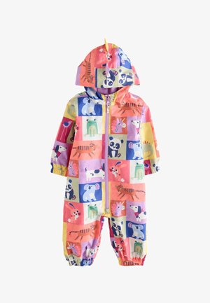Bunter Baby-Schlafanzug mit Kapuze, Reißverschluss vorne und Tiermotiven einschließlich Fröschen, Pandas, Kaninchen, Hunden, Tigern und Vögeln in Quadraten.