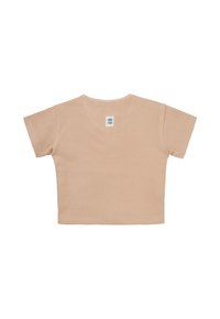 Beige verkürztes T-Shirt mit kurzen Ärmeln, strukturiertem Rippstoff und V-Ausschnitt. Auf der Rückseite befindet sich ein Etikett mit blauer Schrift.