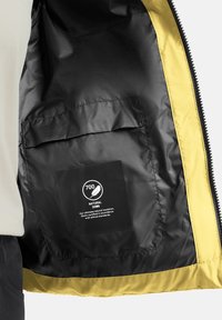 Zwarte binnenvoering van een jas met een gele accen. Bevat een zak en een label dat aangeeft dat het 700 fill power natuurlijke donsisolatie heeft.