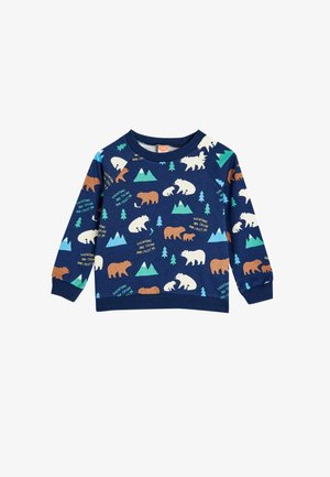 Tummansininen huppari pitkillä hihoilla, jossa on valkoinen, ruskea ja teal-värinen karhu- ja vuoristokuvio. Ribbireunukset kauluksessa ja hihoissa.