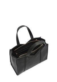 Crna kožna torba s dvjema gornjim ručkama, strukturirani dizajn, višestruki zatvoreni odjeljci i teksturirana površina. Akcenti od zlatnog hardvera.