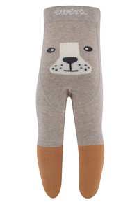 Beige Strumpfhosen mit einem Bärenkopfdesign in Grautönen. Die Füße sind braun, haben eine weiche Textur und einen engen Sitz.