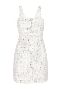 Fehér tweed ruha négyzet alakú nyakkivágással, állítható pántokkal, elülső gombbal záródik, és rácsos mintával, finom fekete és arany árnyalatokkal.