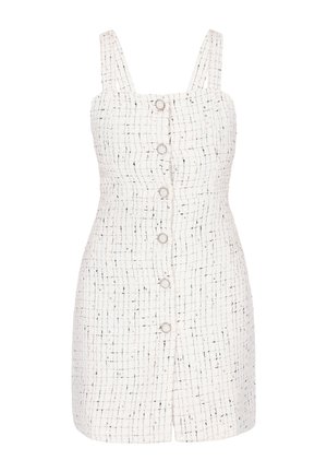 Biała sukienka z tweedu z kwadratowym dekoltem, regulowanymi ramiączkami, zapięciem na guziki z przodu oraz wzorem w kratkę z subtelnymi czarnymi i złotymi akcentami.