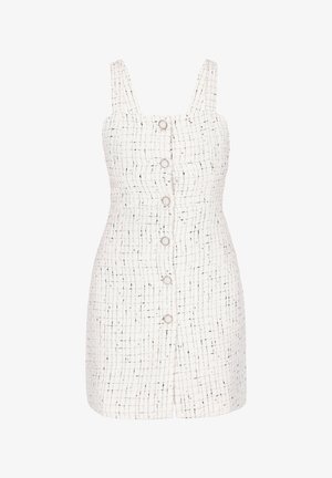 Biała sukienka z tweedu z kwadratowym dekoltem, regulowanymi ramiączkami, zapięciem na guziki z przodu oraz wzorem w kratkę z subtelnymi czarnymi i złotymi akcentami.