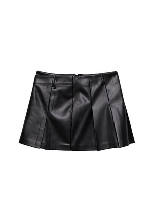 Černá kožená mini sukně s rozšířeným designem, zdobená záhyby, hladkým povrchem a zapínáním na zip vzadu.