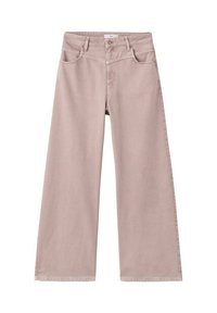 Jasnoróżowe dżinsy szerokie na nogawkach, wykonane z denimu bawełnianego, z wysokim stanem. Posiadają kieszenie z przodu oraz zapięcie na guzik. Gładka tekstura.