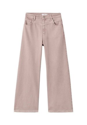 Jeans de pierna ancha de color rosa claro, hechos de denim de algodón, con tiro alto, que presentan bolsillos frontales y cierre con botón. Textura suave.