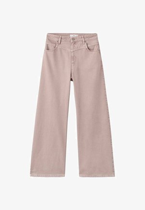 Jeans de pierna ancha de color rosa claro, hechos de denim de algodón, con tiro alto, que presentan bolsillos frontales y cierre con botón. Textura suave.