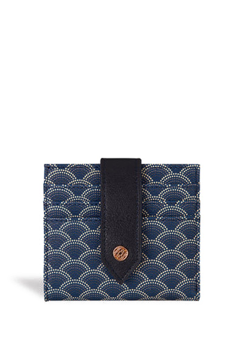Navy wallet with a textured, wave pattern and a black leather flap, featuring a metallic button closure at the front.