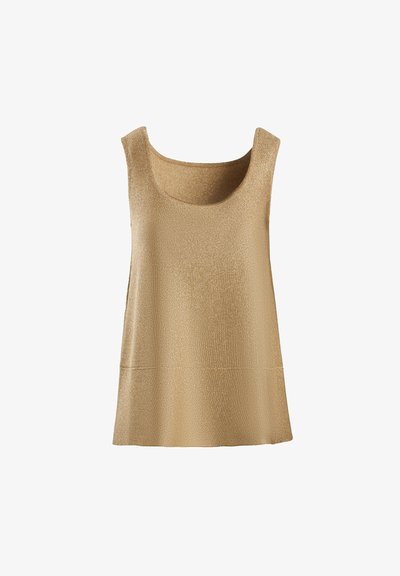 Top senza maniche dorato con scollo a girocollo, caratterizzato da un tessuto testurizzato e una vestibilità rilassata, che si estende leggermente sotto la vita.