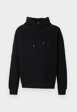Schwarzer Hoodie aus weichem Stoff, mit einem dreieckigen, geprägten Logo-Design auf der Vorderseite und verstellbaren Kordeln am Hals.
