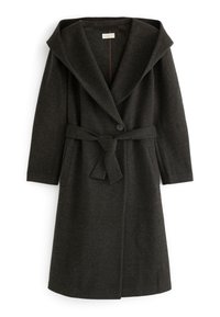 Mørkegrå uldfrakke med sjalskrave, bælte i taljen, to sidelommer og enkelt knaplukning. Glat tekstur med struktureret design.