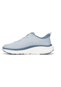 Lichtblauwe sportschoenen met een bovenwerk van mesh, een textuurdesign en een witte dempende zool. Heeft een ronde neus en een treklabel aan de hiel.